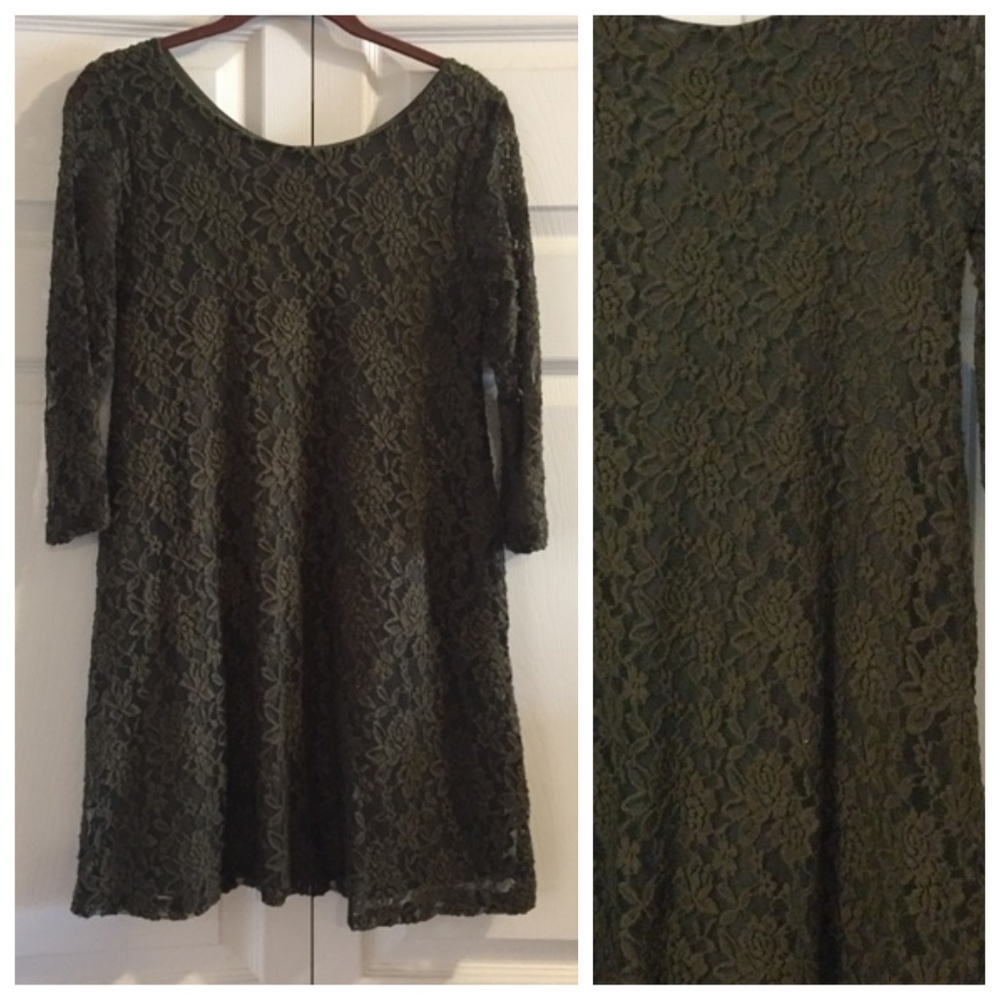 Olive Green Lace Overlay Babydoll Loose Fit Swing Mini Dress Sz S